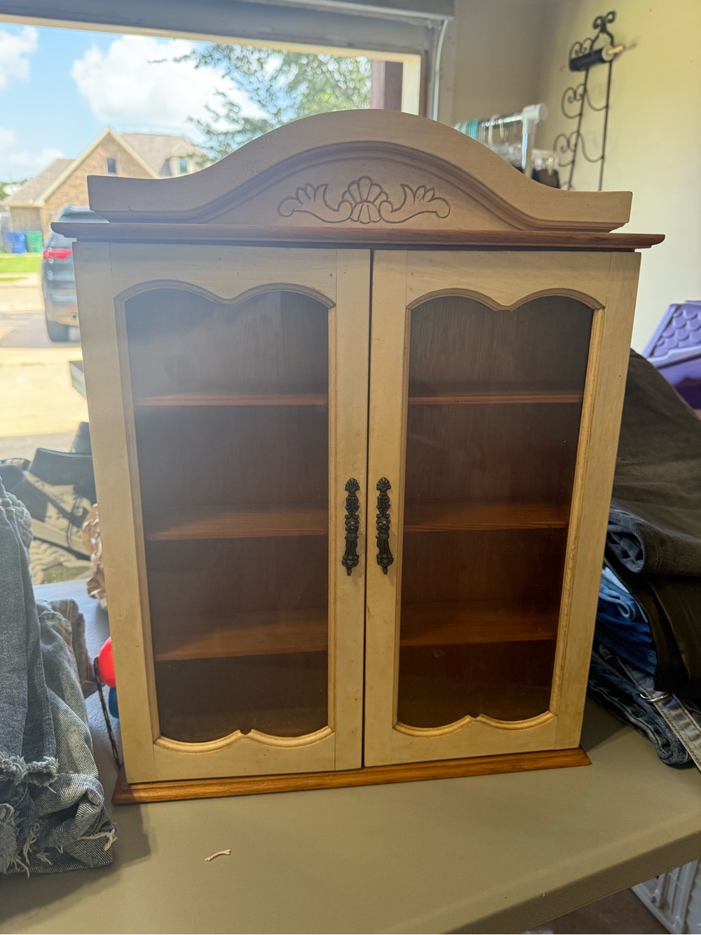 Vintage Cream and Brown Wall Display Cabinet